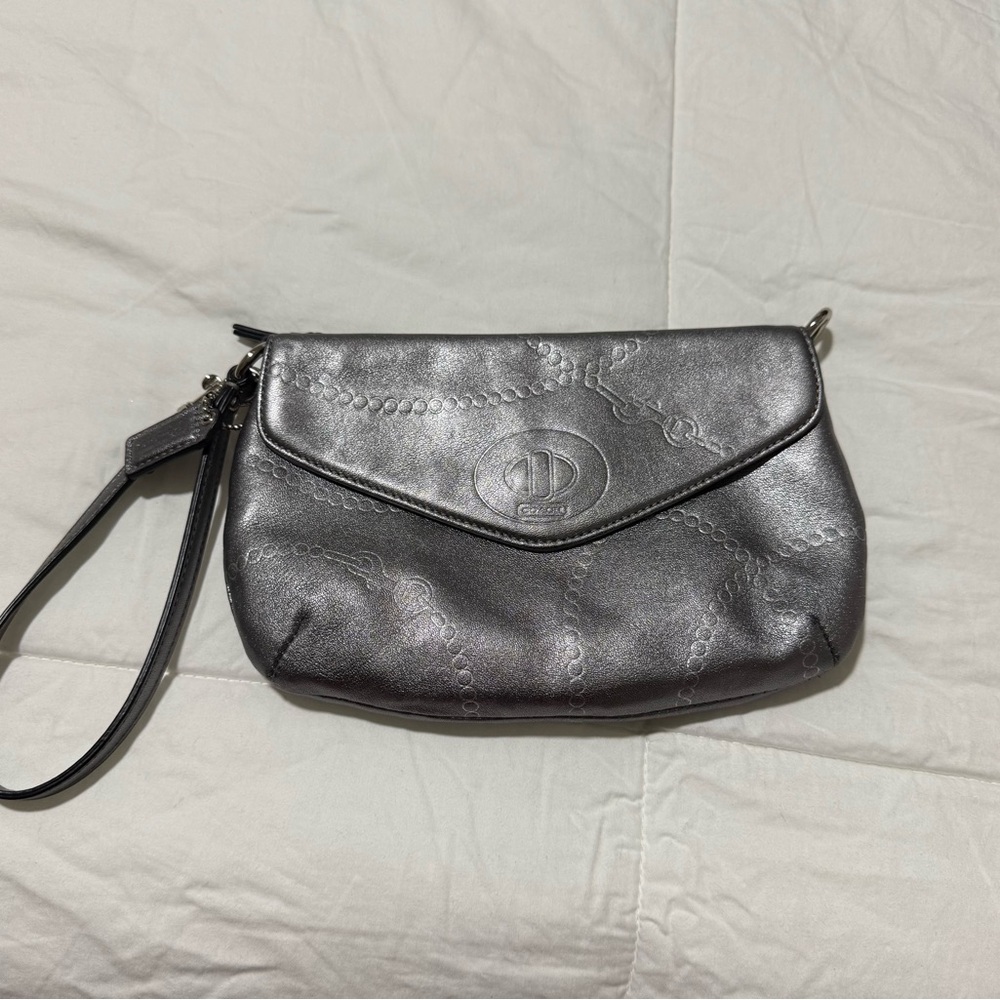 Coach Metallic Silver-Black Embossed Wristlet